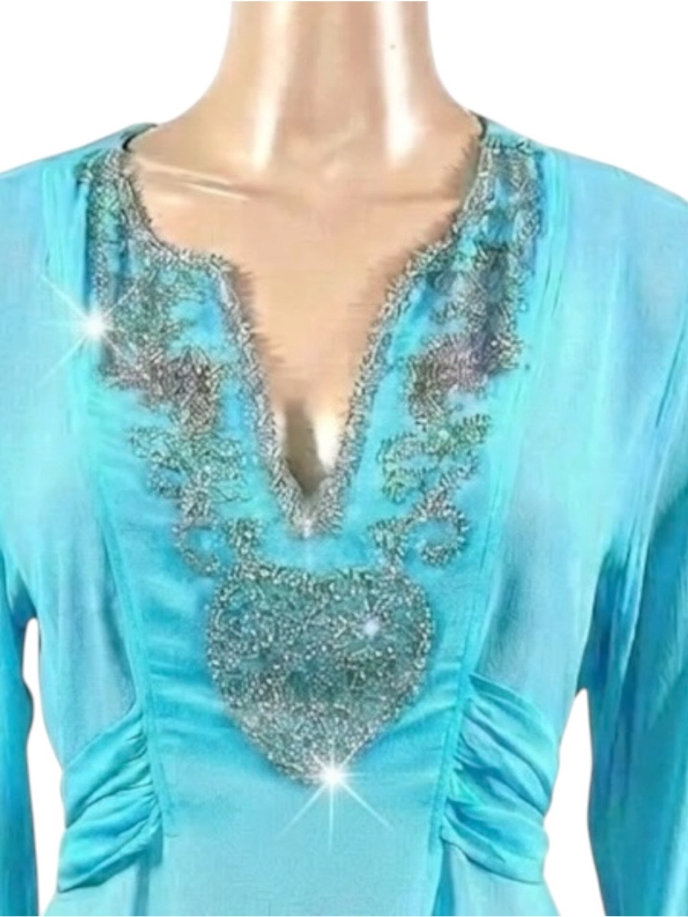 Vintage YAE Saint-Tropez sheer turquoise tunic cover-up blouse built-in tie Sz M - Picture 13 of 13